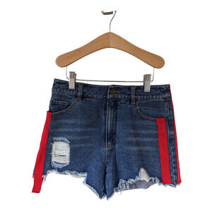 C Spring Size Small Denim Jeans Shorts Blue Red Stripes Distressed Frayed Hem